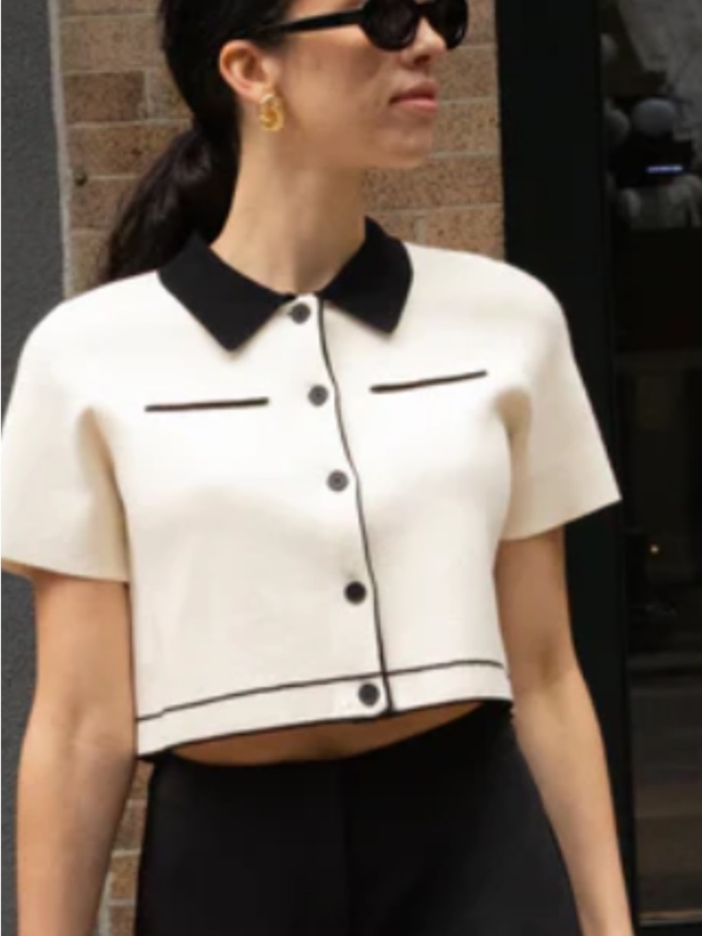 Oak & Fort Cropped Short Sleeved Cream Cardigan with Black Trim  Size S - Picture 12 of 15